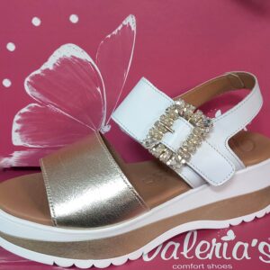 Sandalia confort mujer piel platino VALERIA’S con cuña y doble planta de gel