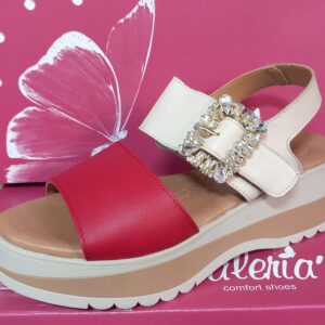 Sandalia confort mujer piel rojo beige VALERIA’S con cuña y doble planta de gel
